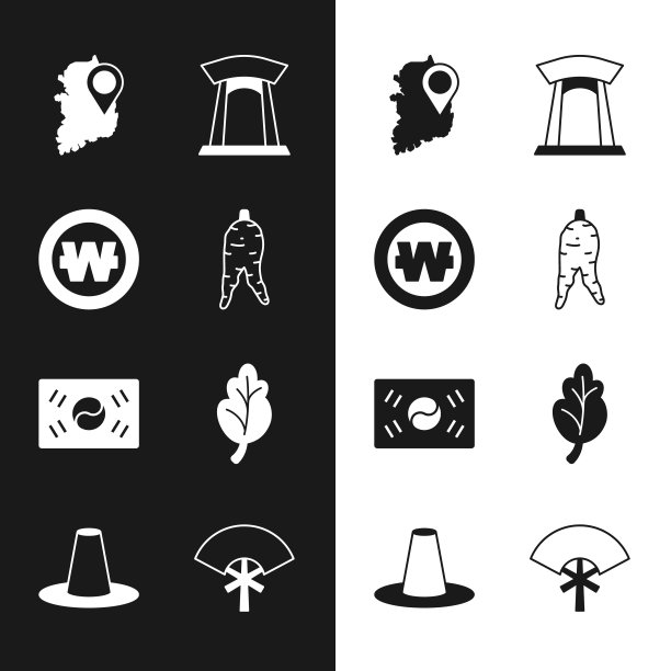 设置人参根，韩币，地图，大门，旗帜，泡菜，传统扇子和帽子图标。向量图片下载