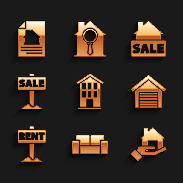 Set House, Sofa, Realtor, Garage, Hanging sign with Rent, Sale, and contract icon. Set House, Sofa, Realtor, Garage, Hanging sign with Rent, Sale, and contract icon。向量图片下载