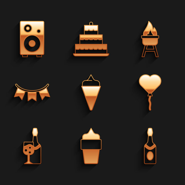 冰淇淋在华夫饼圆锥，香槟瓶，气球心形，嘉年华花环与旗帜，烧烤架和立体声扬声器图标。向量图片下载