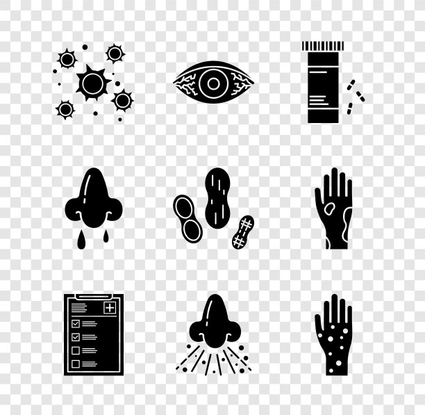 设置细菌，红色眼睛过敏性结膜炎，药瓶和药丸，临床记录，流鼻涕，手与牛皮癣湿疹，花生图标。向量图片下载