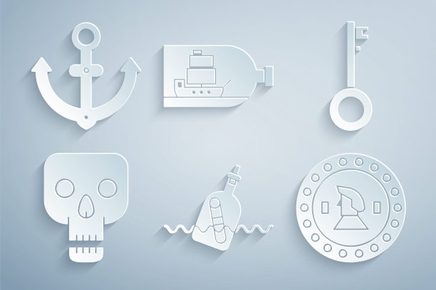 设置瓶子与信息在水中，海盗钥匙，头骨，硬币，船内和锚图标。向量图片下载