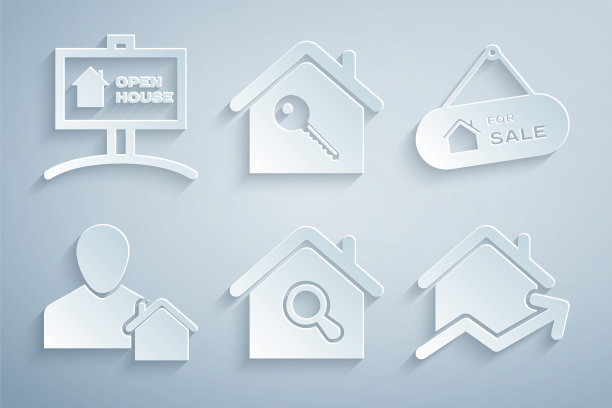 设置搜索房子，悬挂标志与出售，房地产经纪人，上升的成本的住房，房子钥匙和打开图标。向量图片下载