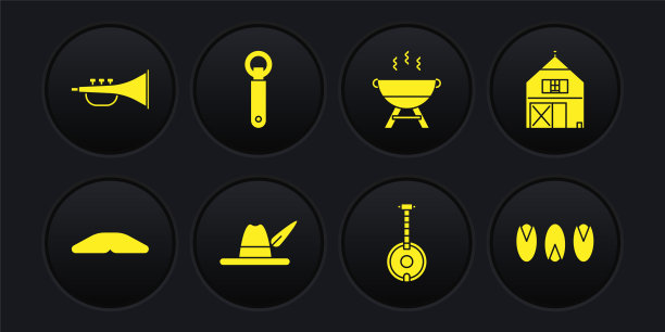 设置自制派，农场，啤酒节帽子，班卓琴，烧烤架，开瓶器，开心果和乐器喇叭图标。向量图片下载