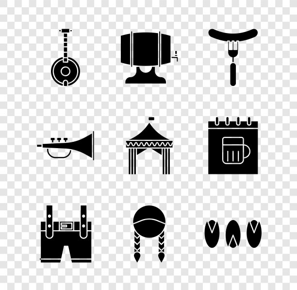 设置班卓琴，木桶架上，香肠叉子，皮短裤，编织，开心果，乐器喇叭和露营帐篷图标。向量图片下载
