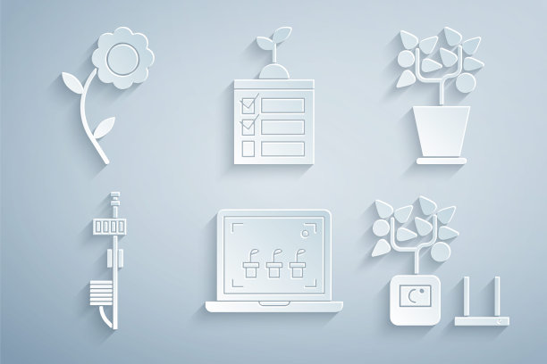 设置智能农业技术，花盆，独立传感器，花卉图标。向量图片下载