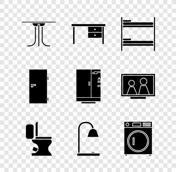 设置圆桌，办公桌，双层床，抽水马桶，台灯，洗衣机，关门，淋浴房图标。向量图片下载