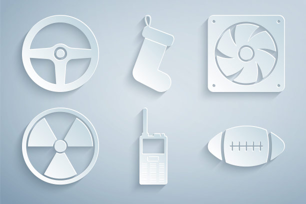设置对讲机，电脑冷却器，放射性，美式足球，圣诞袜子和方向盘图标。向量图片下载