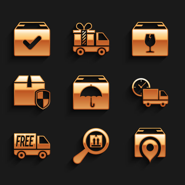 设有雨伞，搜索，定位纸箱，卡车和时钟，免费送货服务，安全盾牌，易碎内容和包装检查标记图标。向量图片下载