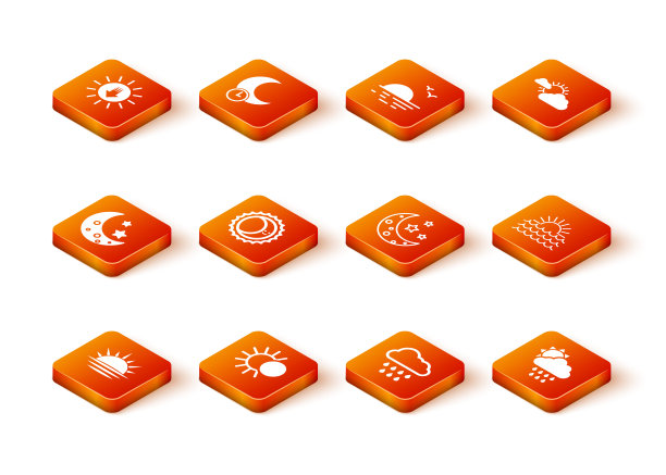 日落，日蚀，月亮和星星，云与雨，和图标。向量图片下载