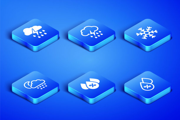 设置水滴百分比，云与雨和闪电，雪月亮，和雪花图标。向量图片下载