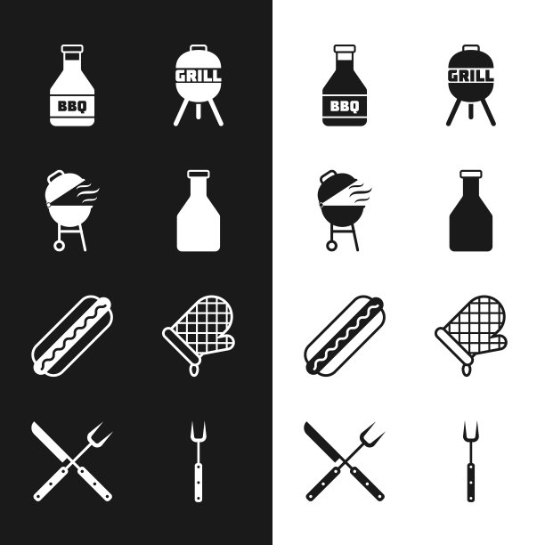 设置番茄酱瓶，烧烤架，热狗三明治，烤箱手套，叉子和交叉刀图标。向量图片下载