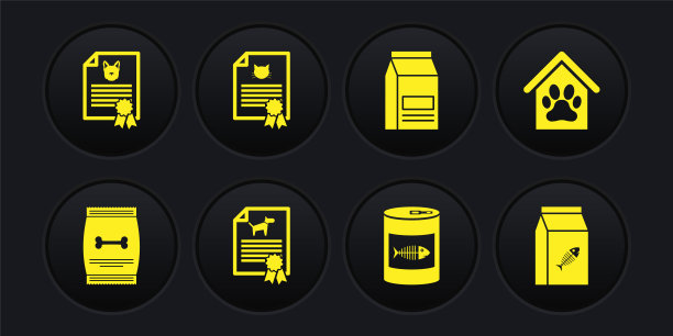 宠物食品袋，狗屋和爪子印，证书狗猫，罐头，和图标。向量图片下载