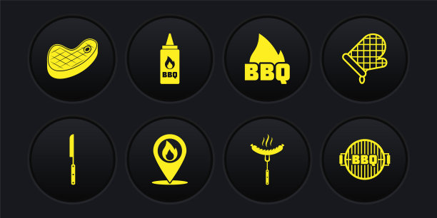 设置烧烤刀，烤箱手套，位置有火焰，香肠叉，番茄酱瓶，烧烤和牛排肉图标。向量图片下载