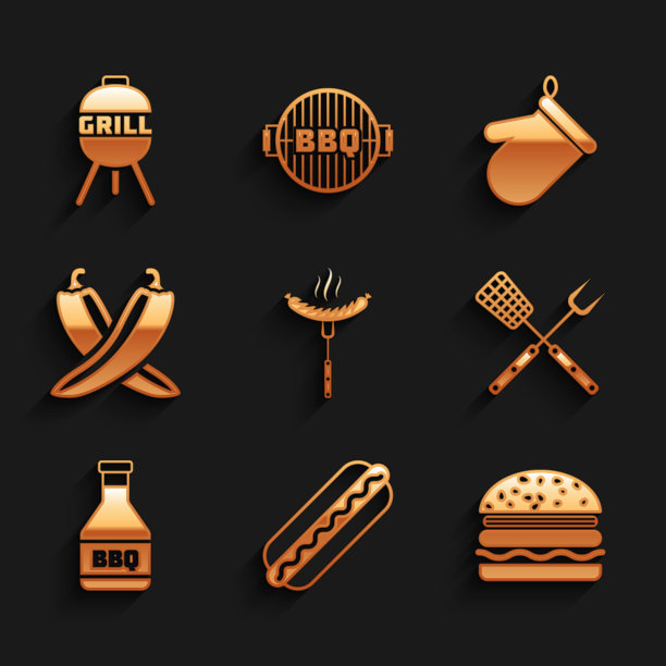设置香肠叉，热狗三明治，汉堡，交叉铲，番茄酱瓶，辣椒，烤箱手套和烧烤架图标。向量图片下载