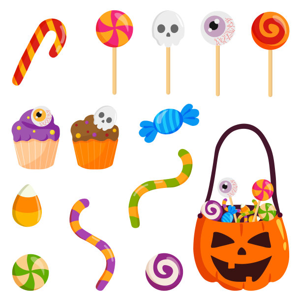 一套多彩的万圣节糖果的孩子。传统十月节日颜色的糖果。很适合做假日设计。向量的元素。图片下载