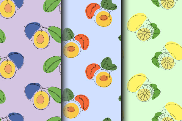 一组水果无缝模式。连续的单线绘图。黑色线条艺术与彩色点。李子,桃子柠檬。素食主义的概念。图片下载