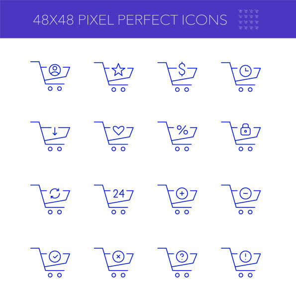 购物车图标与行动。删除，添加，喜爱和折扣符号。在线购物。像素完美，可编辑的笔触图片下载