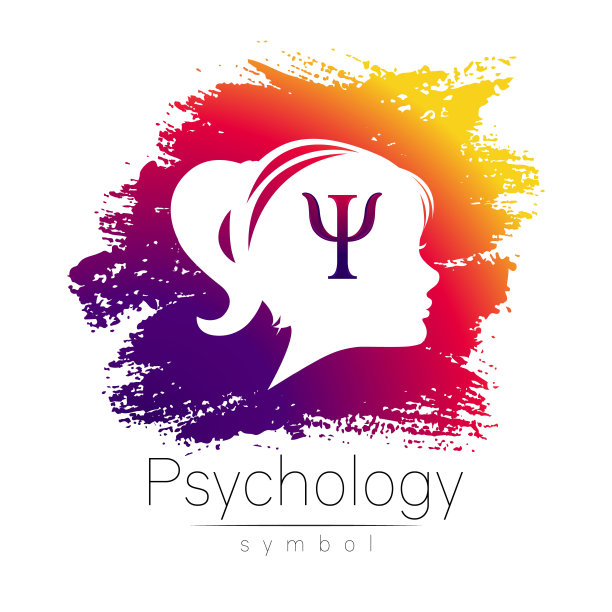 现代标志Kid Girl头和字母Psi里面。心理学的标志。人类。紫色粉红色，与白色分离。创造性的风格。符号向量。设计理念图片下载
