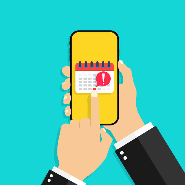 在智能手机的日历。在线日程安排与预约手机。app提示图标。手机屏幕日历上的日期，用于日程、事件、工作。手握手机。向量图片下载