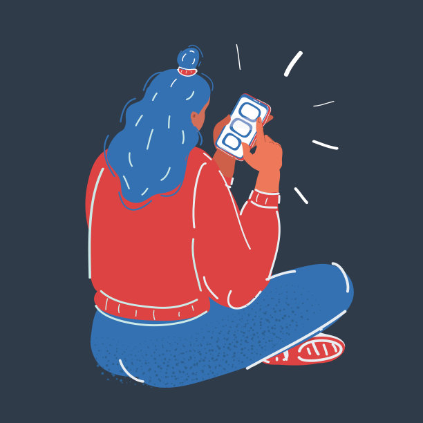 卡通矢量插图的人正在使用智能手机。背面在黑暗的背景。图片下载