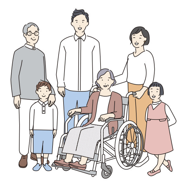 微笑的一家人与轮椅上的祖母插画素材图片