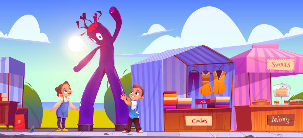 集市上的孩子们带着充气管，还有摊位图片下载