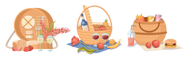 设置野餐篮子的食物和饮料，餐和餐具的户外夏季娱乐，柳条盒子图片下载