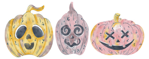 万圣节雕刻南瓜。水彩画可爱的南瓜孤立在白色的背景上图片下载