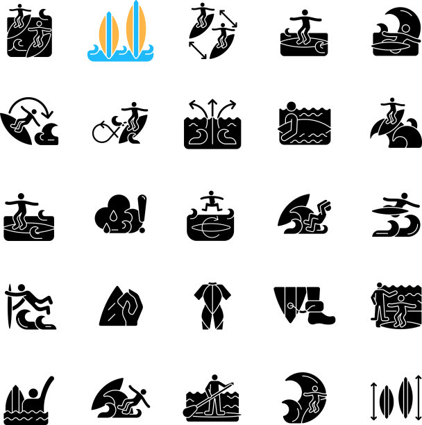 冲浪黑色字形图标设置在白色的空间图片下载