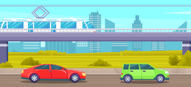 高速公路上电动火车的城市景观。交通，高楼大厦背景上的汽车图片下载