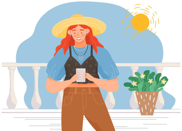 现代女孩用智能手机交流。女性角色在阳台上使用移动设备图片下载