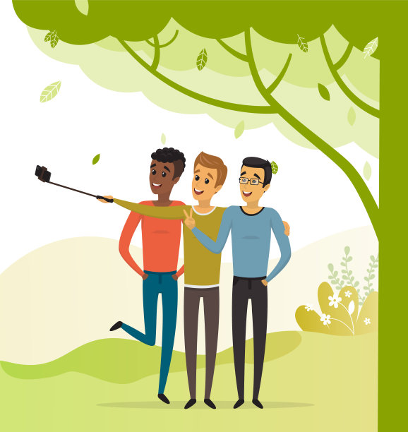 男人们把手机放在单脚架上，正摆姿势合影。朋友们用智能手机自拍图片下载