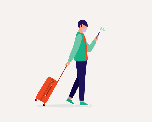 戴口罩男子在COVID-19大流行期间旅行。安全的旅行。图片下载