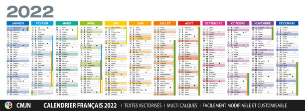 法国2022年日历。学校假期，圣人节，公共假期，月亮周期。完整的颜色。矢量化文本100%。多层向量。元素和颜色易于适应和定制图片下载