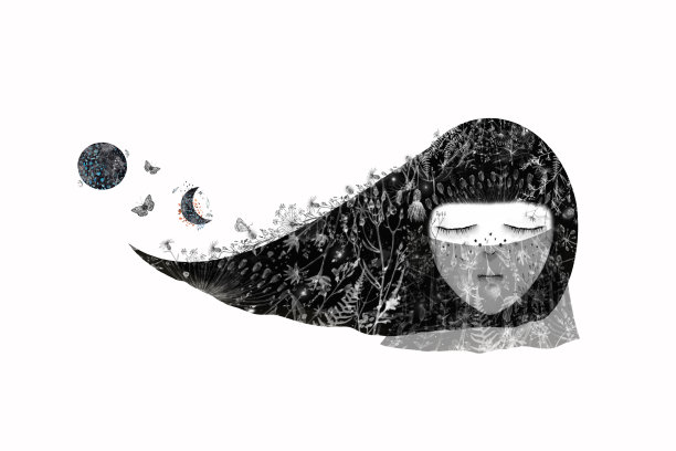 水彩插图的年轻女子的脸与长长的黑色头发和植物和鲜花编成她的头发。女孩的脸上蒙着面纱。蝴蝶从月飞到月。图片下载