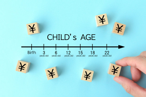 儿童年龄指示条和带有日元标记的木块，为儿童形象做财务规划图片下载