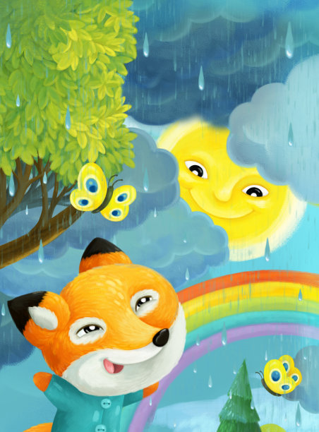 卡通雨景与猫头鹰、蝴蝶、狐狸和彩虹插图图片下载