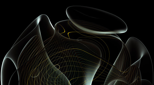 抽象艺术的三维渲染三维背景与部分超现实异域花的曲线波浪螺旋扭曲的球形生物线形成在透明的塑料材料与平行的圆形条纹表面黄和绿色渐变颜色图片下载