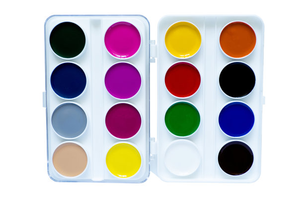 在白色背景上分离的多色颜料。学校和艺术用品图片下载