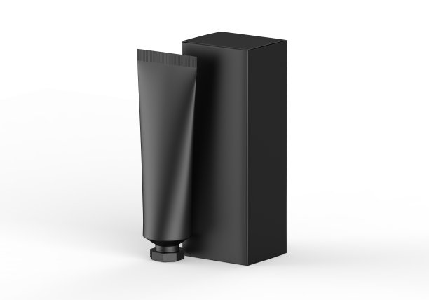 黑色化妆品管与包装盒模拟模板孤立的白色背景，准备设计展示，3d插图图片下载