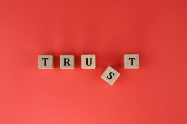 木制立方体拼写TRUST文本与错位的R图片下载