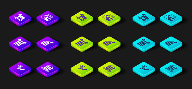 设置狩猎号角，帕台农神庙，古柱，破碎的古代，废墟和特洛伊木马图标。向量图片下载