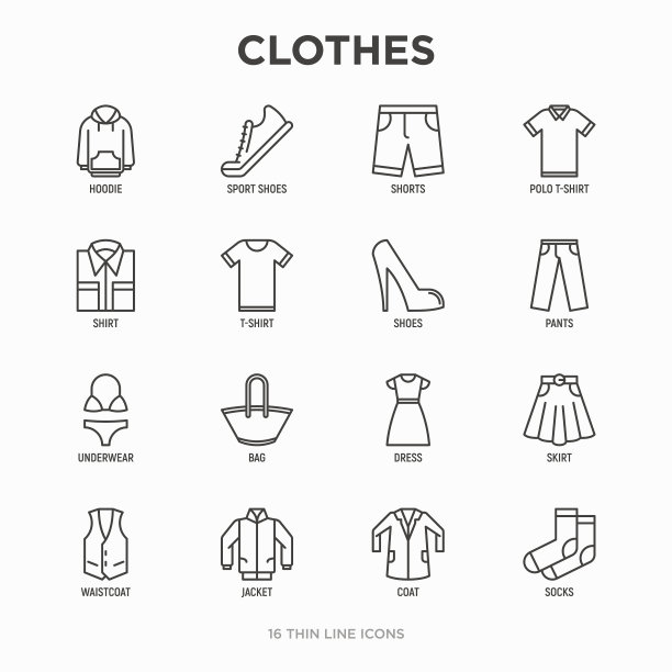 衣服细线图标设置衬衫，鞋子，裤子图片下载