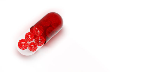 红色药用胶囊，白色背景上有血细胞或病毒图片下载
