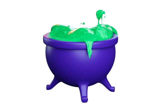 女巫的坩埚与绿色液体，隔离在白色背景，3d渲染。为一个快乐的万圣节设计装饰。现代3 d演示。神奇的锅里有冒泡的液体图片下载