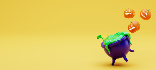 快乐的万圣节旗帜在现代3d风格，复制空间。万圣节的南瓜和黄色背景上的女巫坩埚，还有一条广告横幅。3 d渲染图图片下载