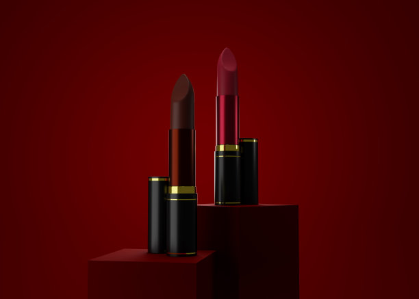 吸引人的口红产品在红色背景的正方形舞台上。3 d演示。图片下载
