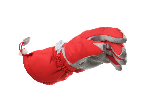 白色背景下戴着红色滑雪手套的女人，特写。冬季运动衣服图片下载