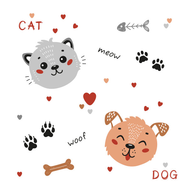 卡通动物的脸。可爱的狗和猫在一起。宠物项目集。嘟嘟小狗和小猫图片下载