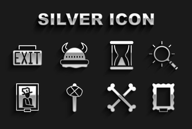 设置石器时代锤子，放大镜，图片，交叉的人类骨头，肖像博物馆，旧沙漏与沙，出口标志和维京角头盔图标。向量图片下载